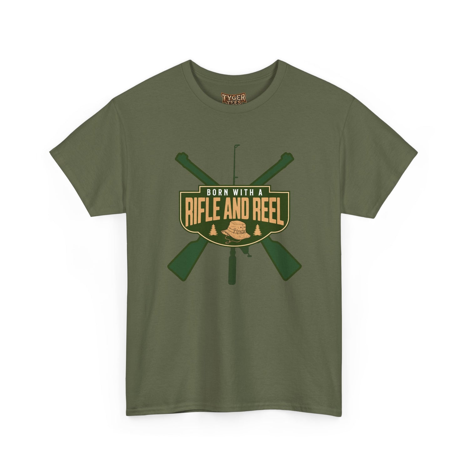Rifle and Reel T-Shirt — "Born With a Rifle and Reel" Hunting &amp; Fishing Graphic Tee
