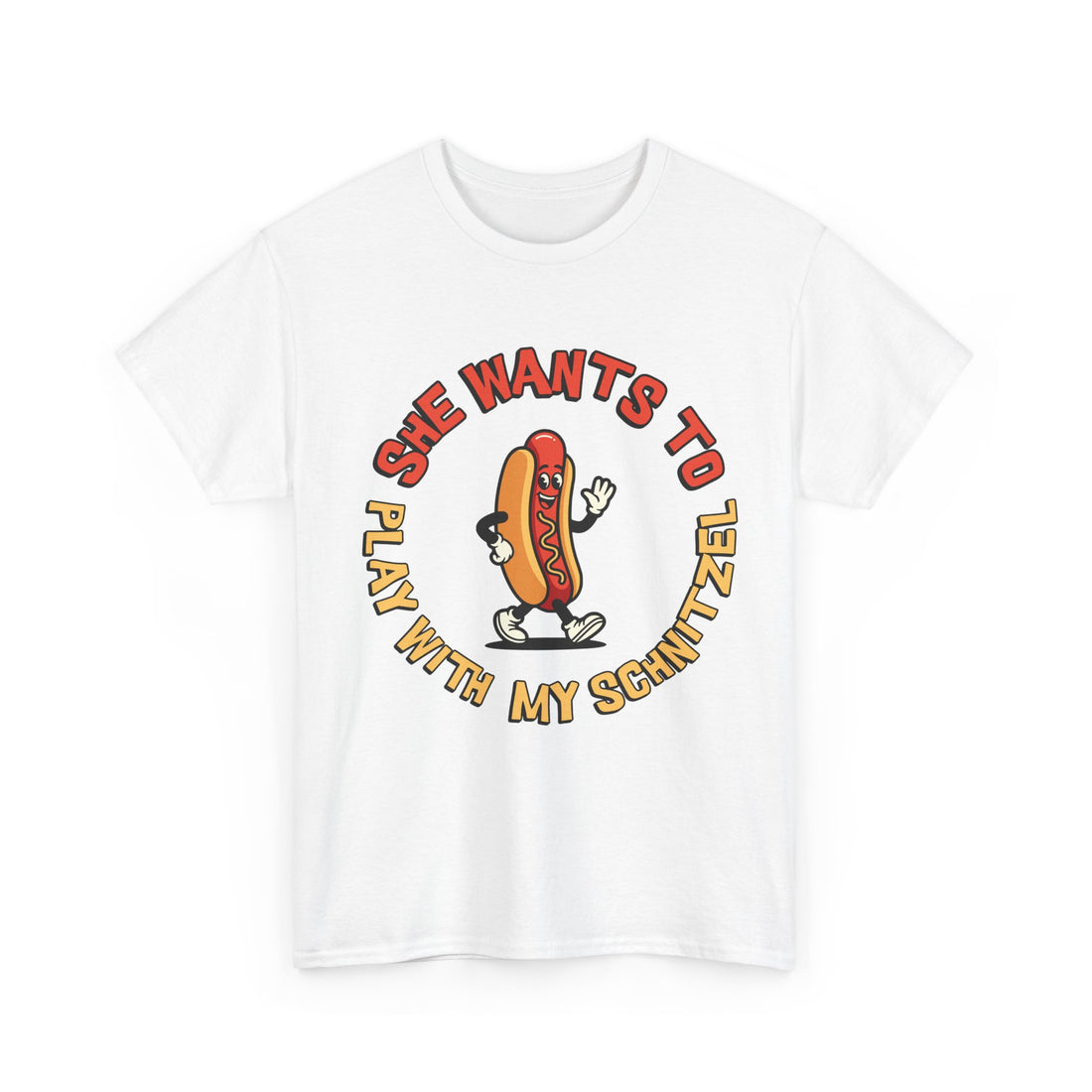 Hot Dog Graphic Tee - "She Wants To Play With My Schnitzel" Funny Retro Food Shirt