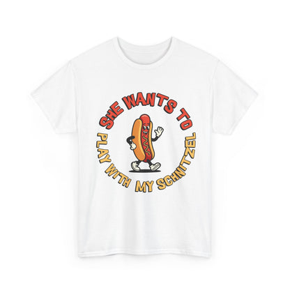 Hot Dog Graphic Tee - "She Wants To Play With My Schnitzel" Funny Retro Food Shirt