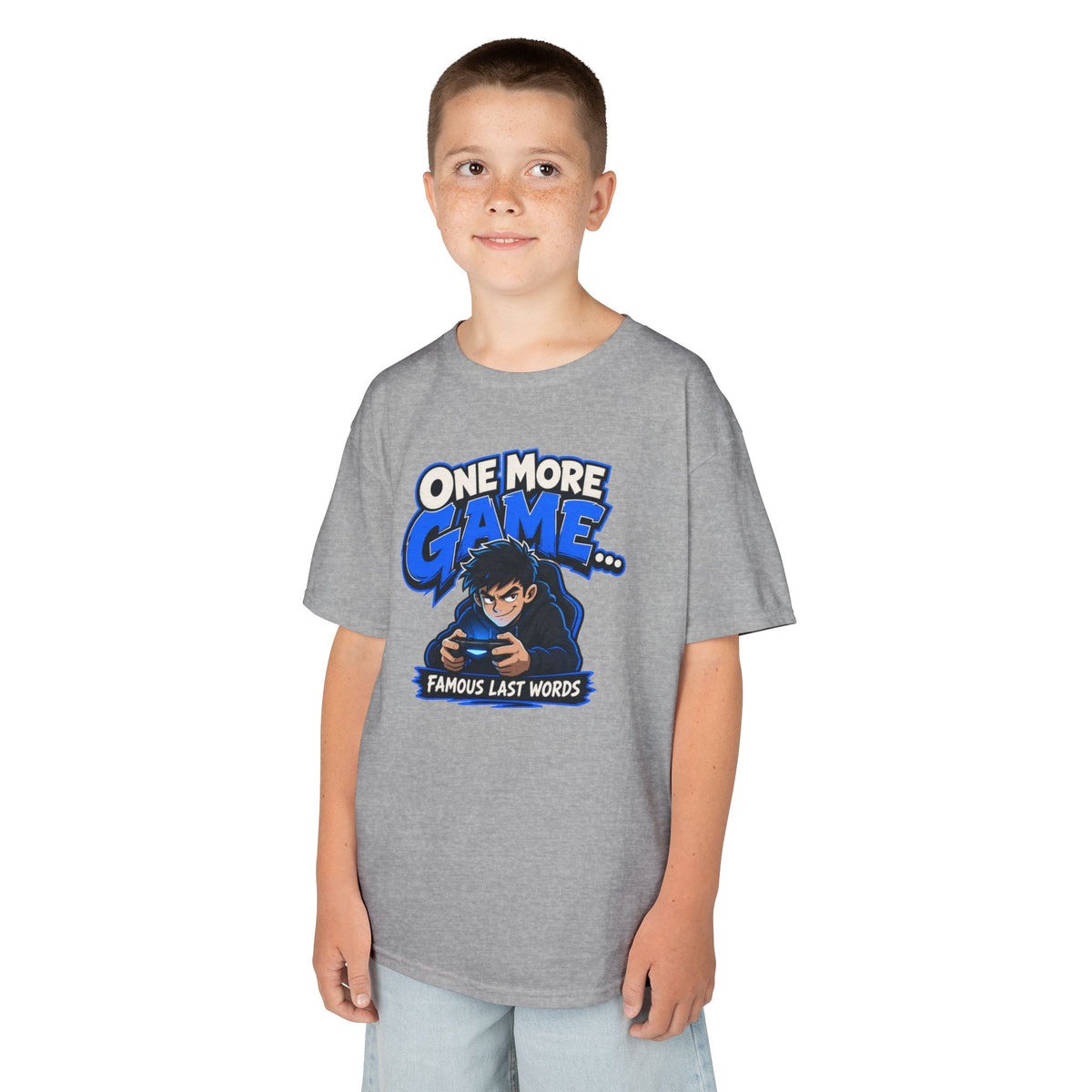 Kids Tee — "One More Game... Famous Last Words" Gaming Graphic Shirt
