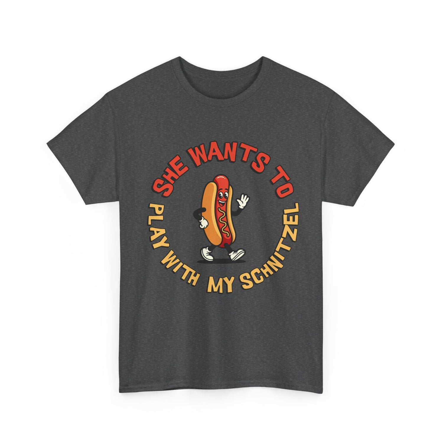 Hot Dog Graphic Tee - "She Wants To Play With My Schnitzel" Funny Retro Food Shirt
