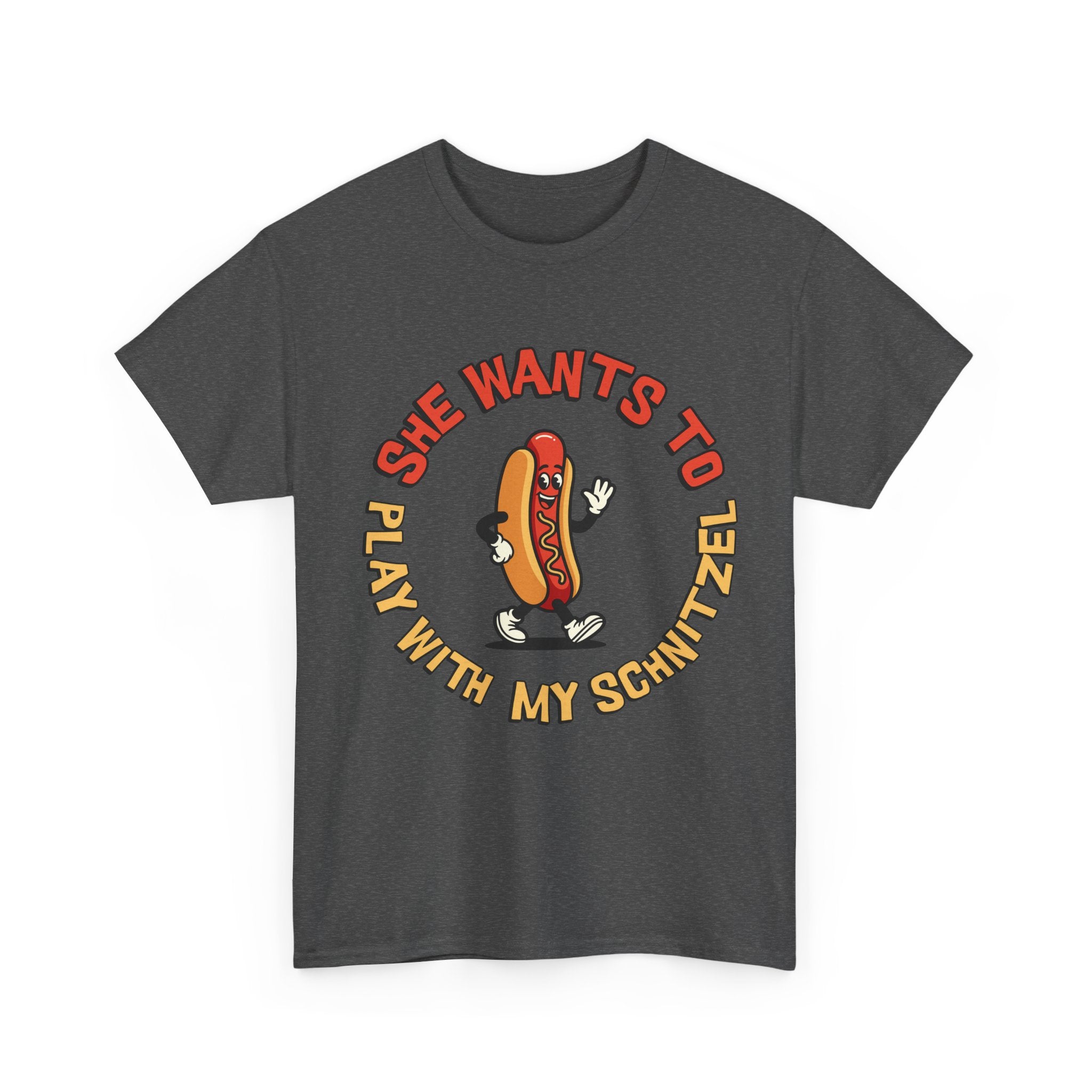 Hot Dog Graphic Tee - "She Wants To Play With My Schnitzel" Funny Retro Food Shirt
