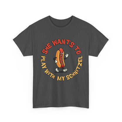 Hot Dog Graphic Tee - "She Wants To Play With My Schnitzel" Funny Retro Food Shirt