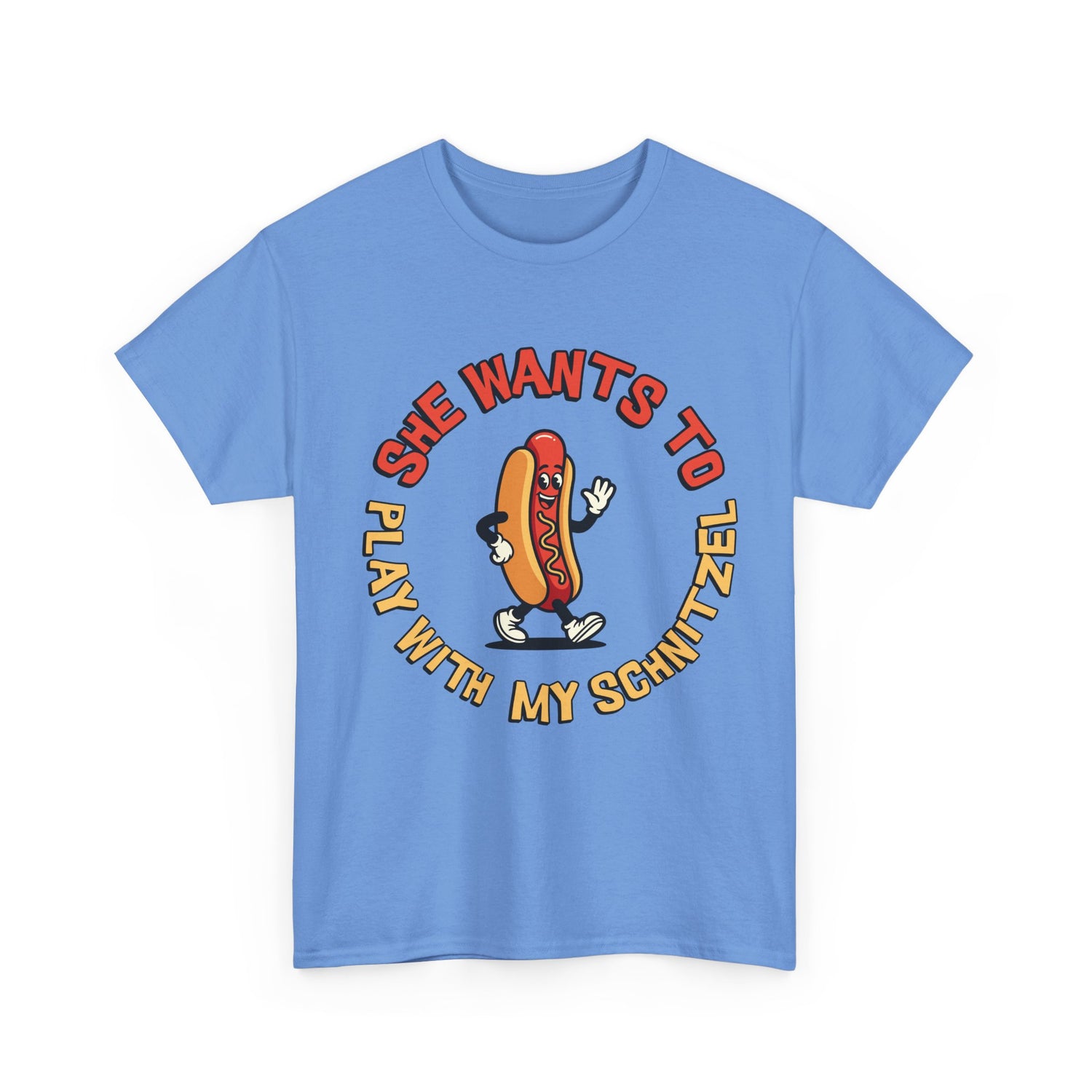 Hot Dog Graphic Tee - "She Wants To Play With My Schnitzel" Funny Retro Food Shirt