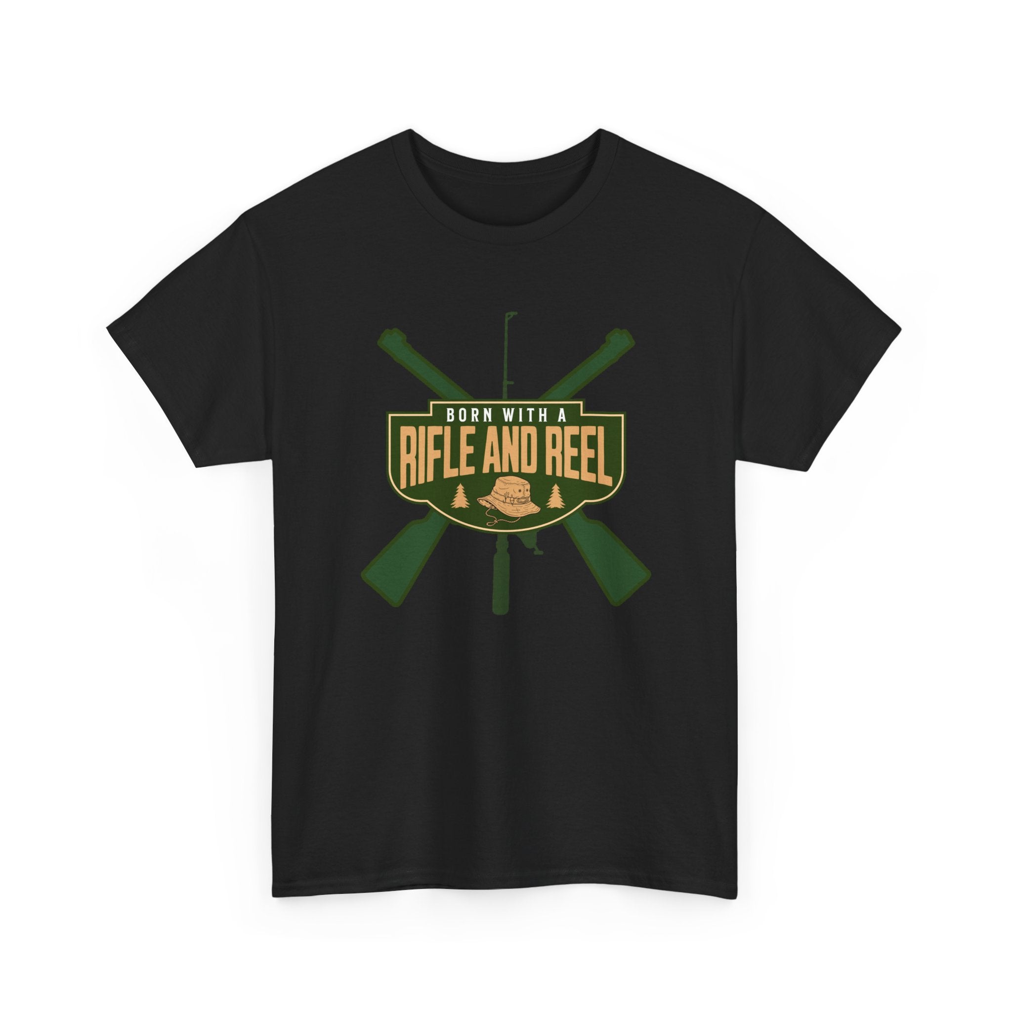 Rifle and Reel T-Shirt — "Born With a Rifle and Reel" Hunting &amp; Fishing Graphic Tee