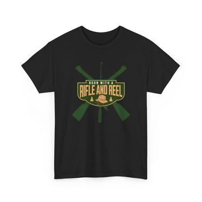 Rifle and Reel T-Shirt — "Born With a Rifle and Reel" Hunting &amp; Fishing Graphic Tee