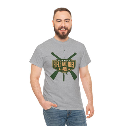 Rifle and Reel T-Shirt — "Born With a Rifle and Reel" Hunting &amp; Fishing Graphic Tee