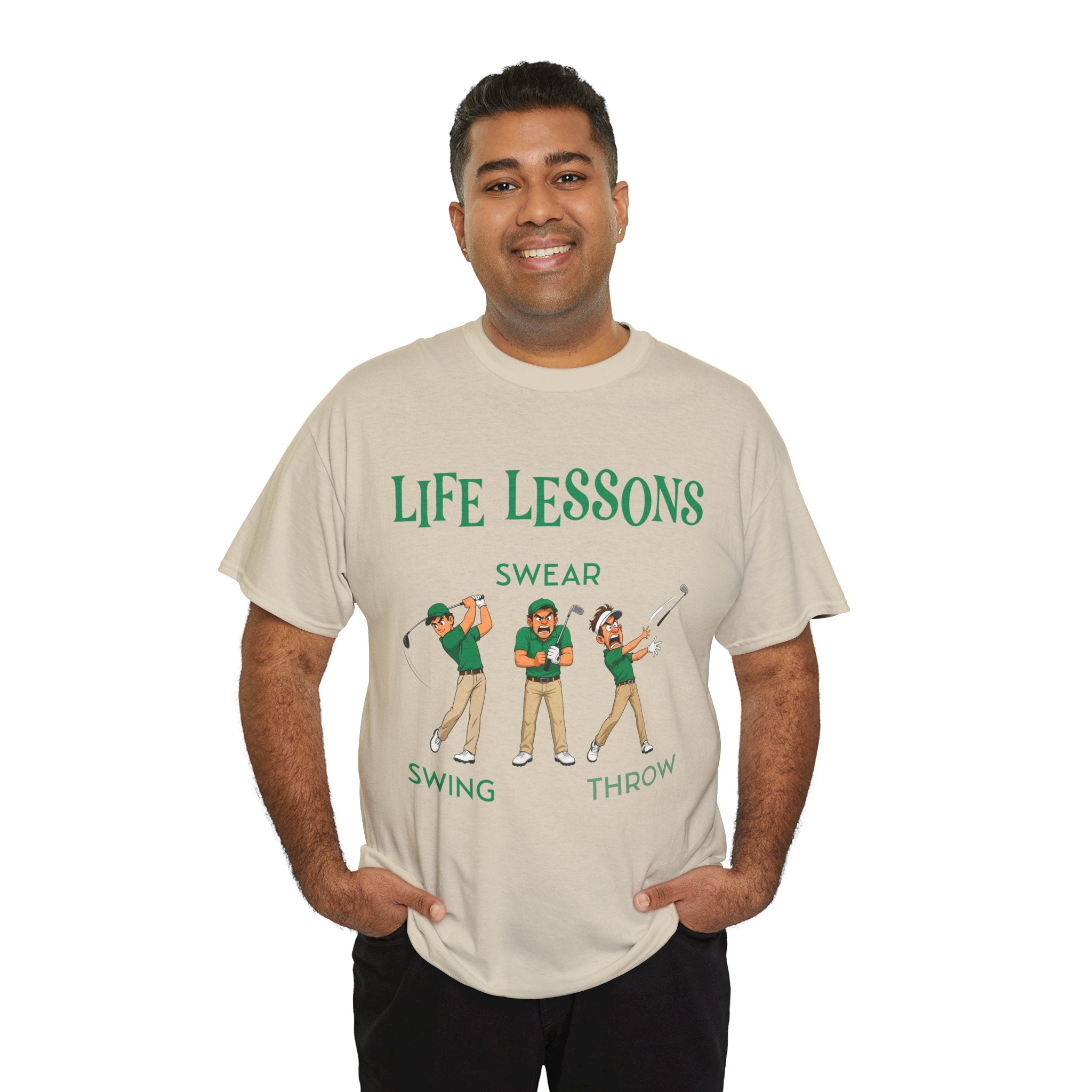 Golf T-Shirt — "Life Lessons: Swear, Swing, Throw" Funny Golfer Tee