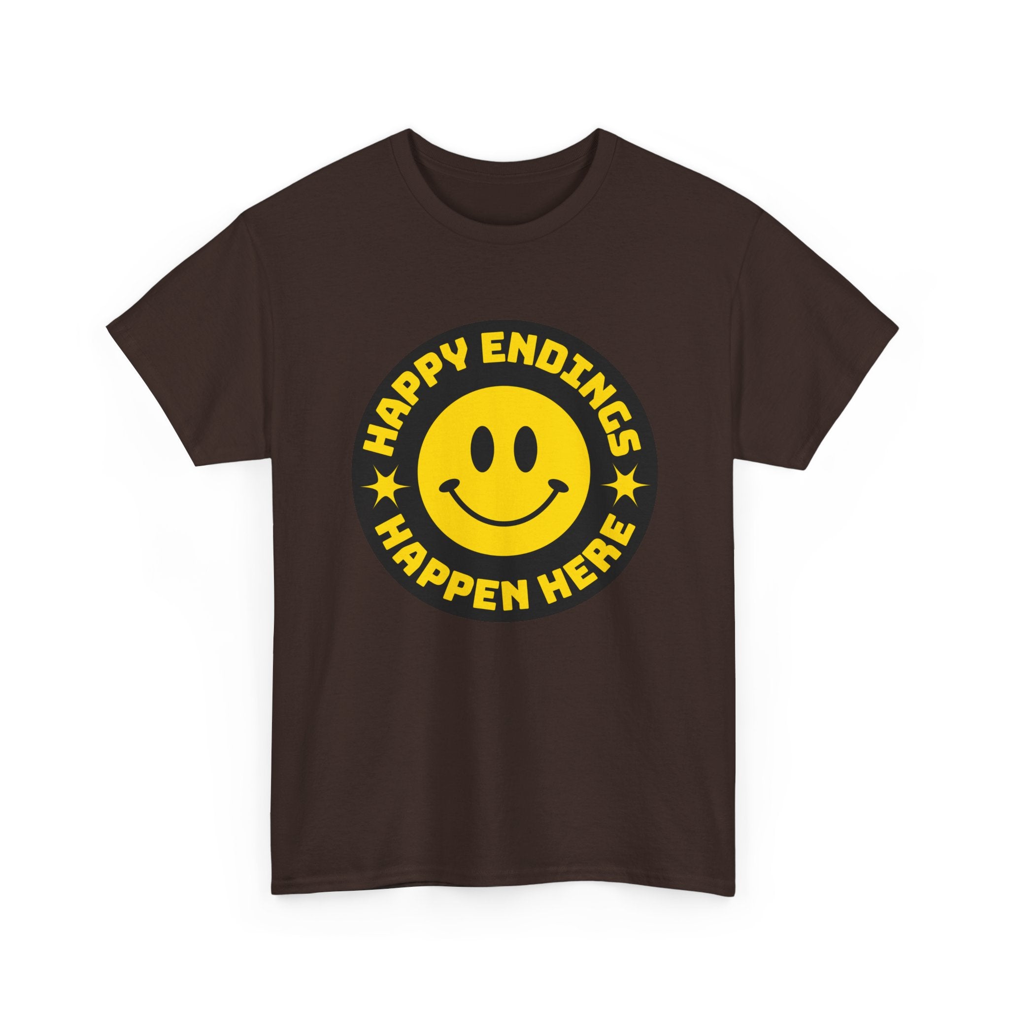 Happy Endings Happen Here – Funny Smiley Face T-Shirt