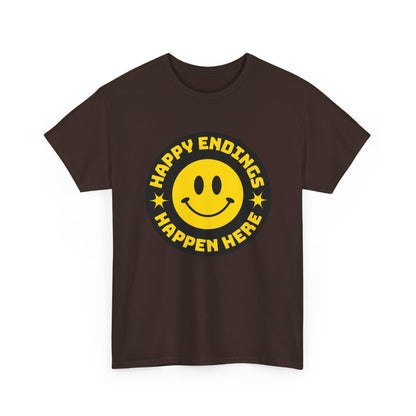 Happy Endings Happen Here – Funny Smiley Face T-Shirt