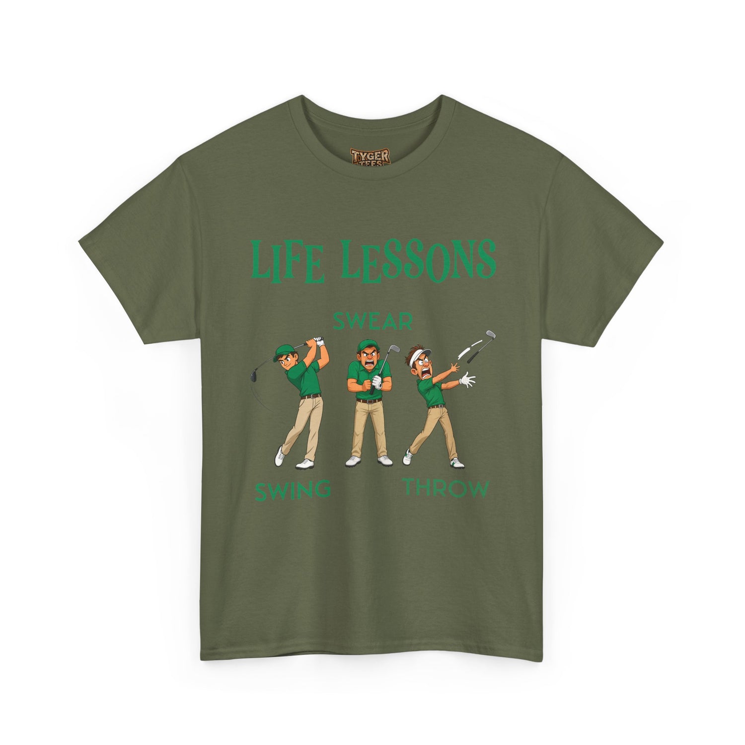 Golf T-Shirt — "Life Lessons: Swear, Swing, Throw" Funny Golfer Tee