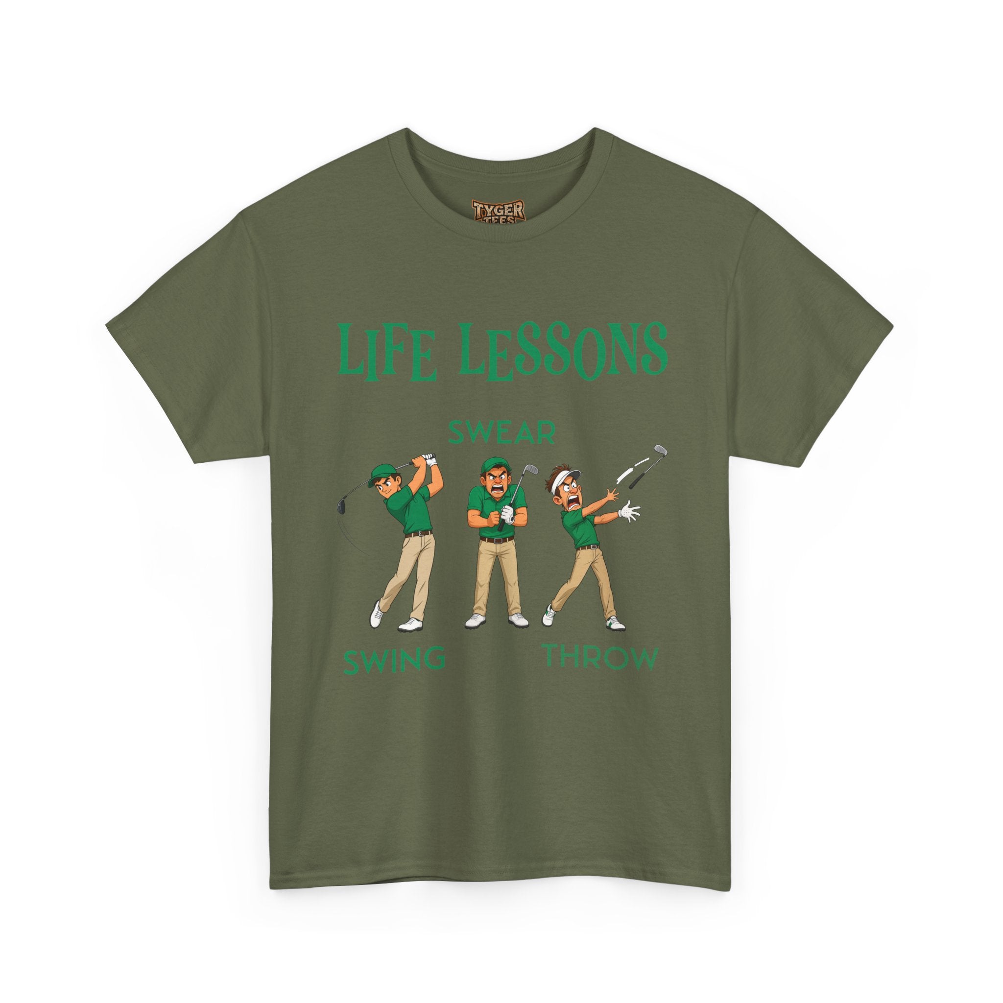 Golf T-Shirt — "Life Lessons: Swear, Swing, Throw" Funny Golfer Tee