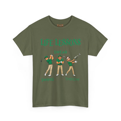 Golf T-Shirt — "Life Lessons: Swear, Swing, Throw" Funny Golfer Tee