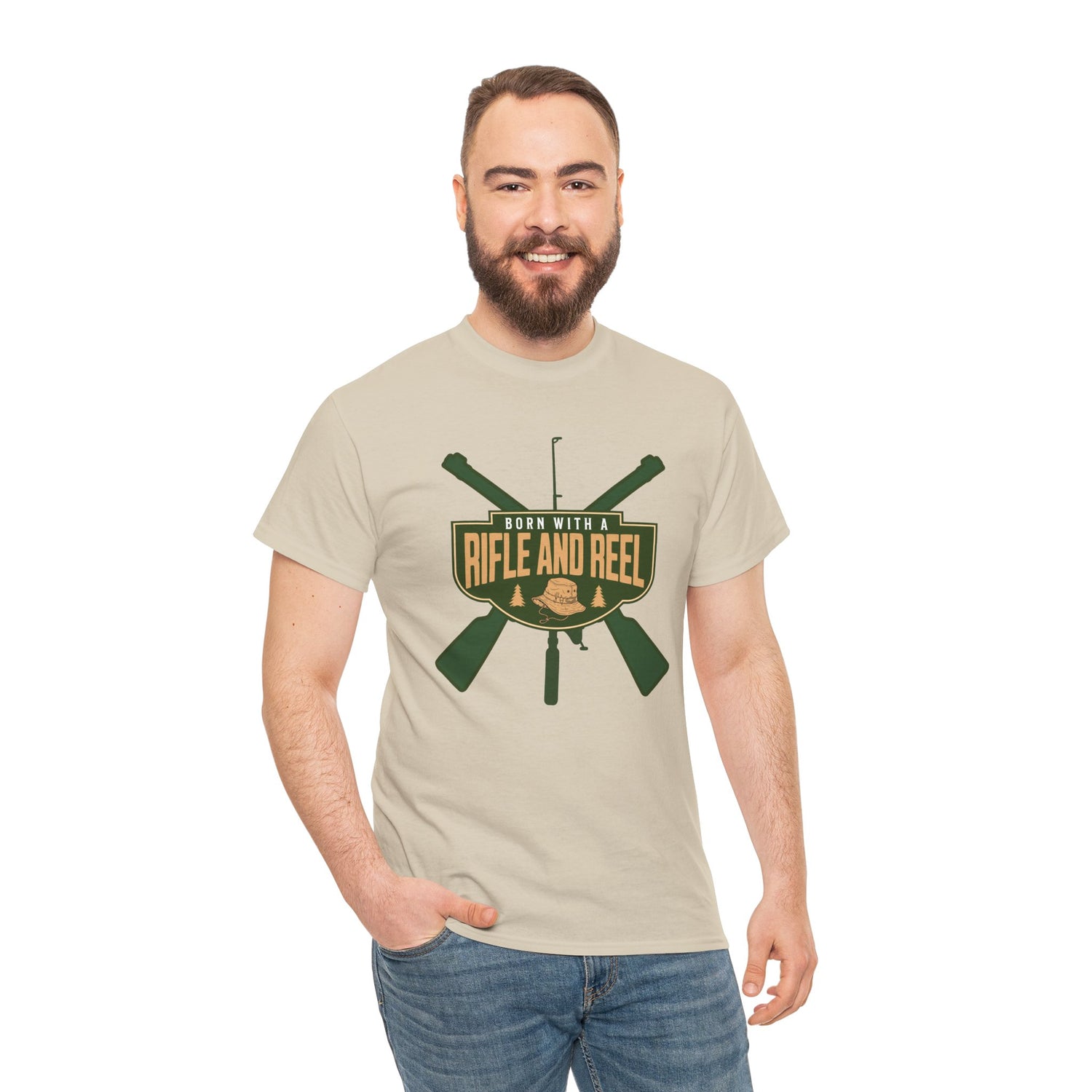 Rifle and Reel T-Shirt — "Born With a Rifle and Reel" Hunting &amp; Fishing Graphic Tee