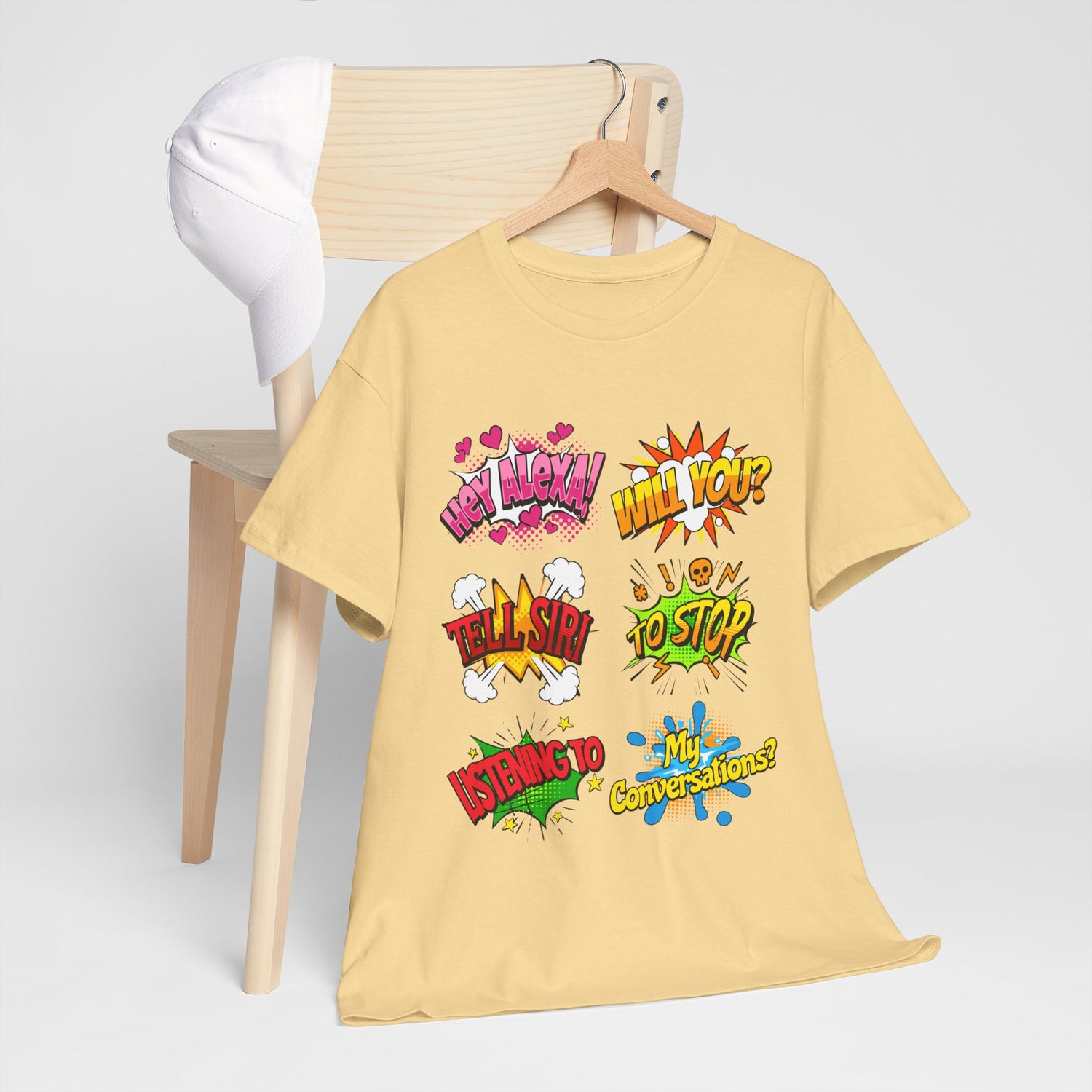 Graphic Tee — Comic Pop Speech Bubble Design (“Hey Alexa! Will You? Tell Siri To Stop Listening To My Conversations”)