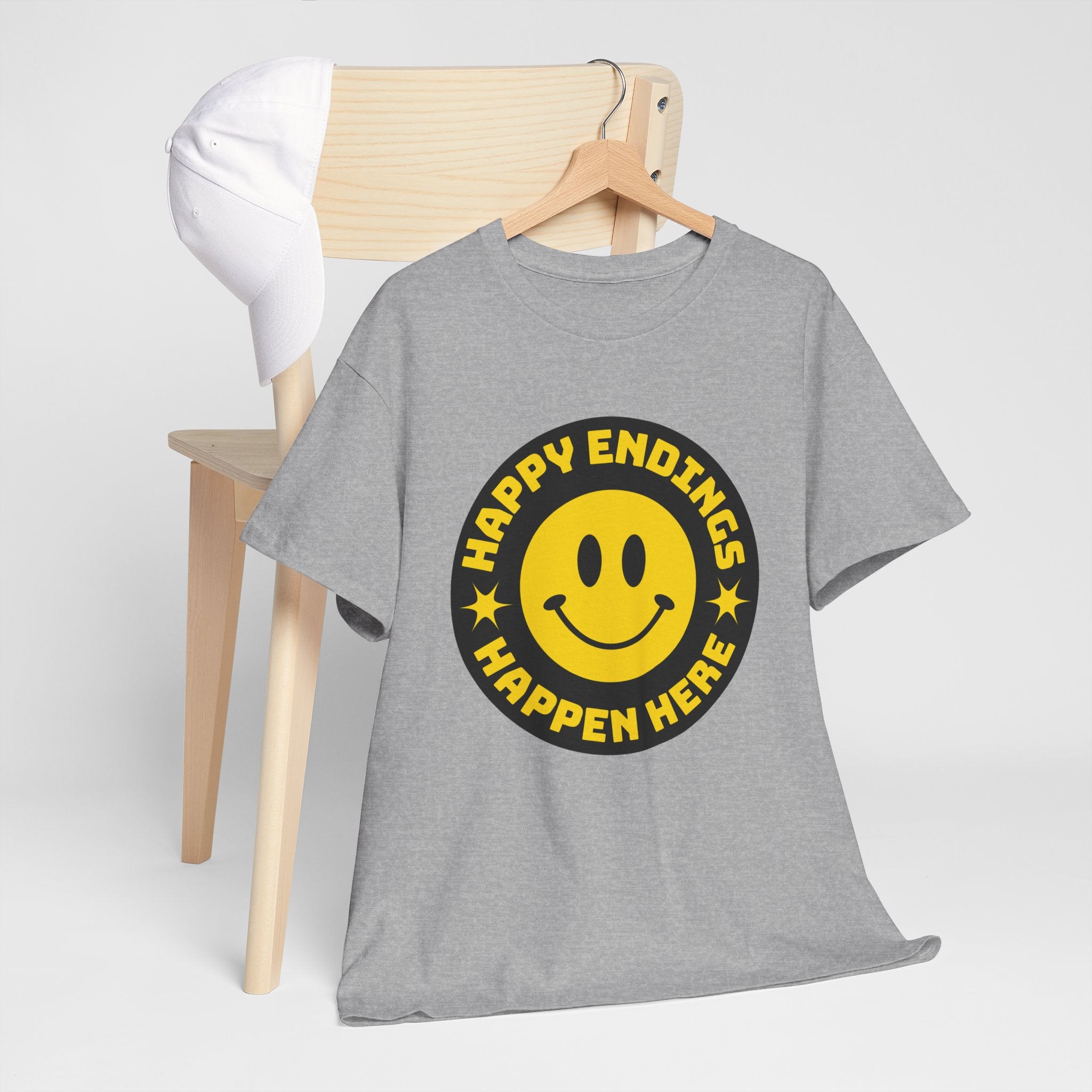 Happy Endings Happen Here – Funny Smiley Face T-Shirt