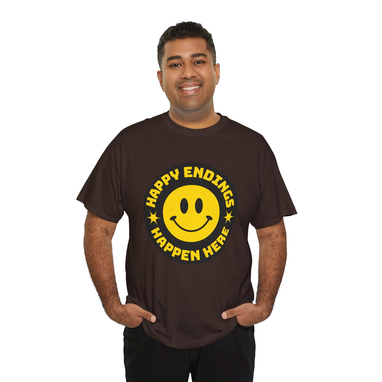 Happy Endings Happen Here – Funny Smiley Face T-Shirt