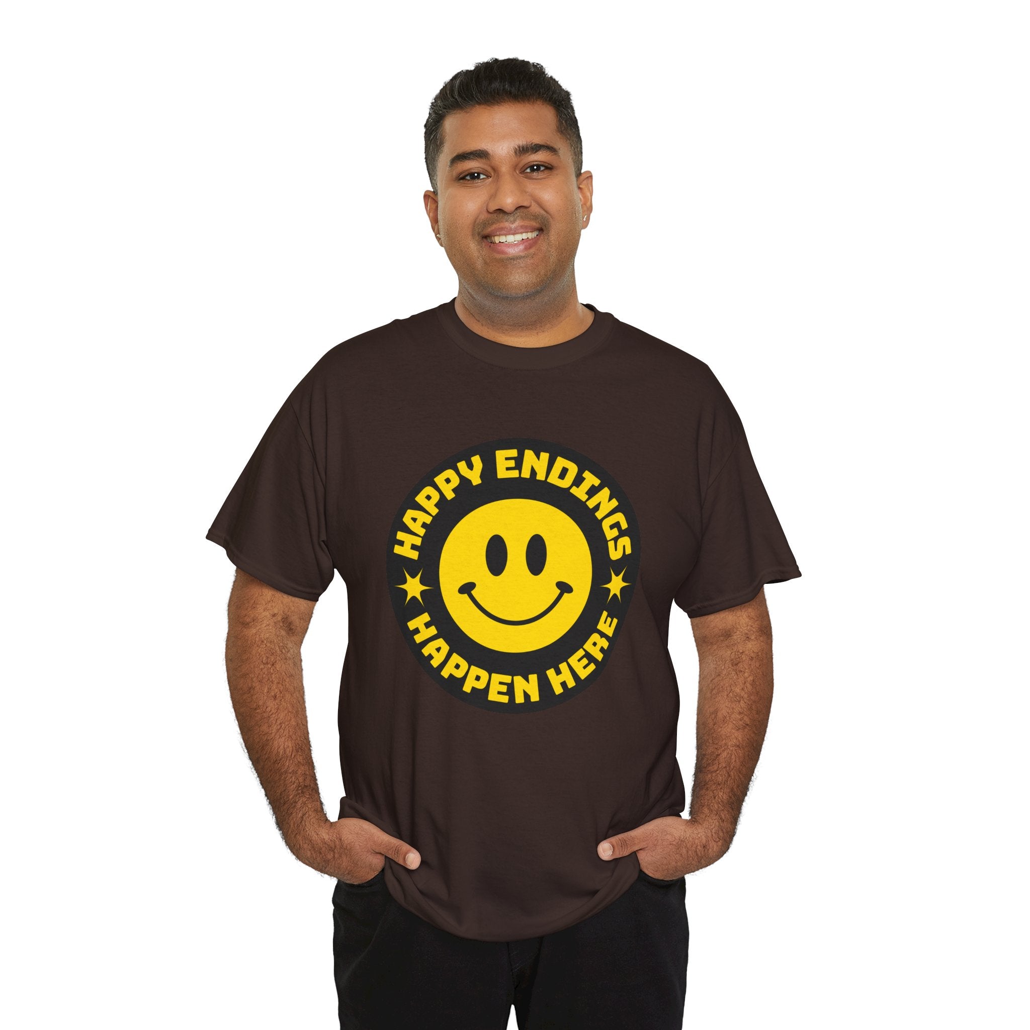 Happy Endings Happen Here – Funny Smiley Face T-Shirt