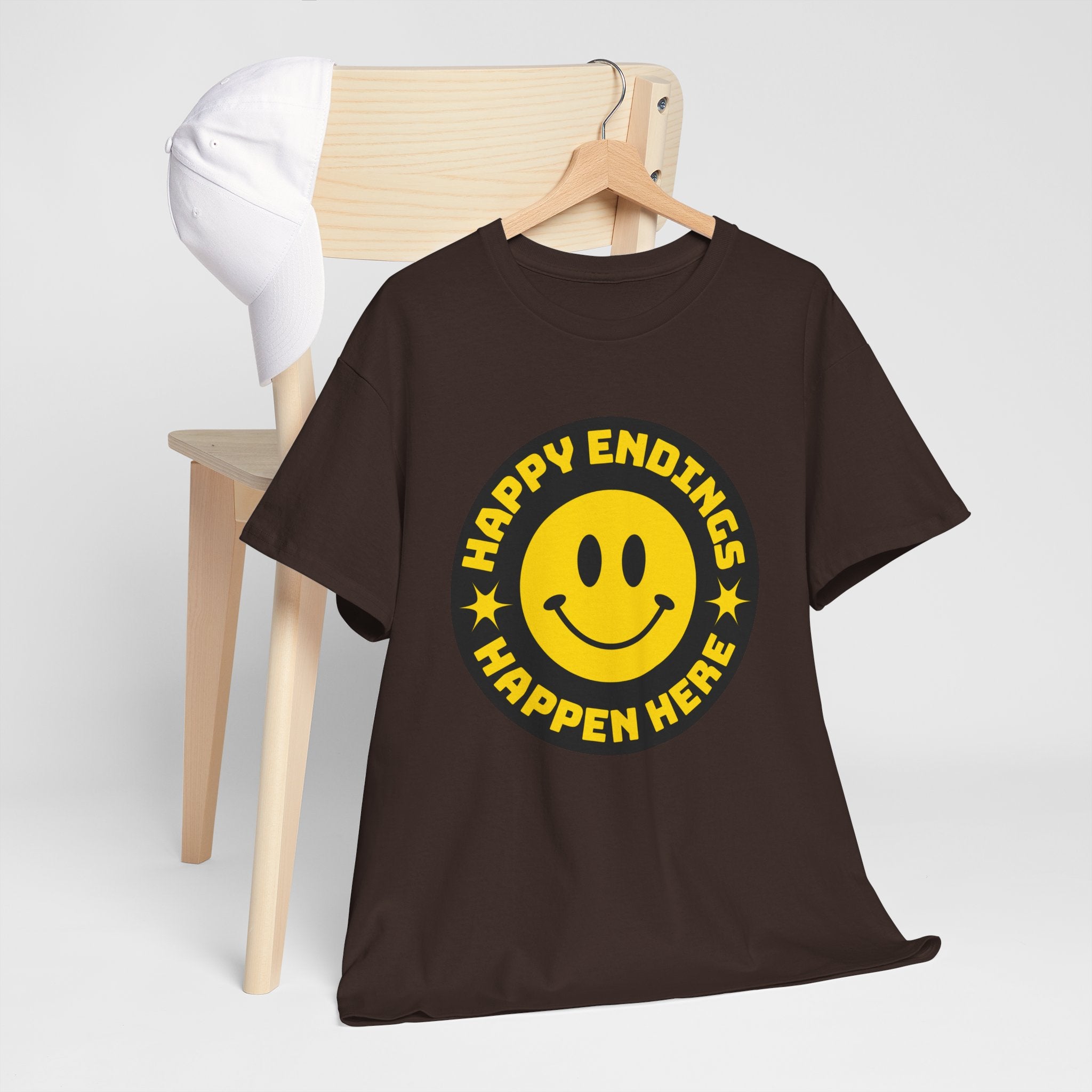 Happy Endings Happen Here – Funny Smiley Face T-Shirt