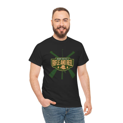 Rifle and Reel T-Shirt — "Born With a Rifle and Reel" Hunting &amp; Fishing Graphic Tee