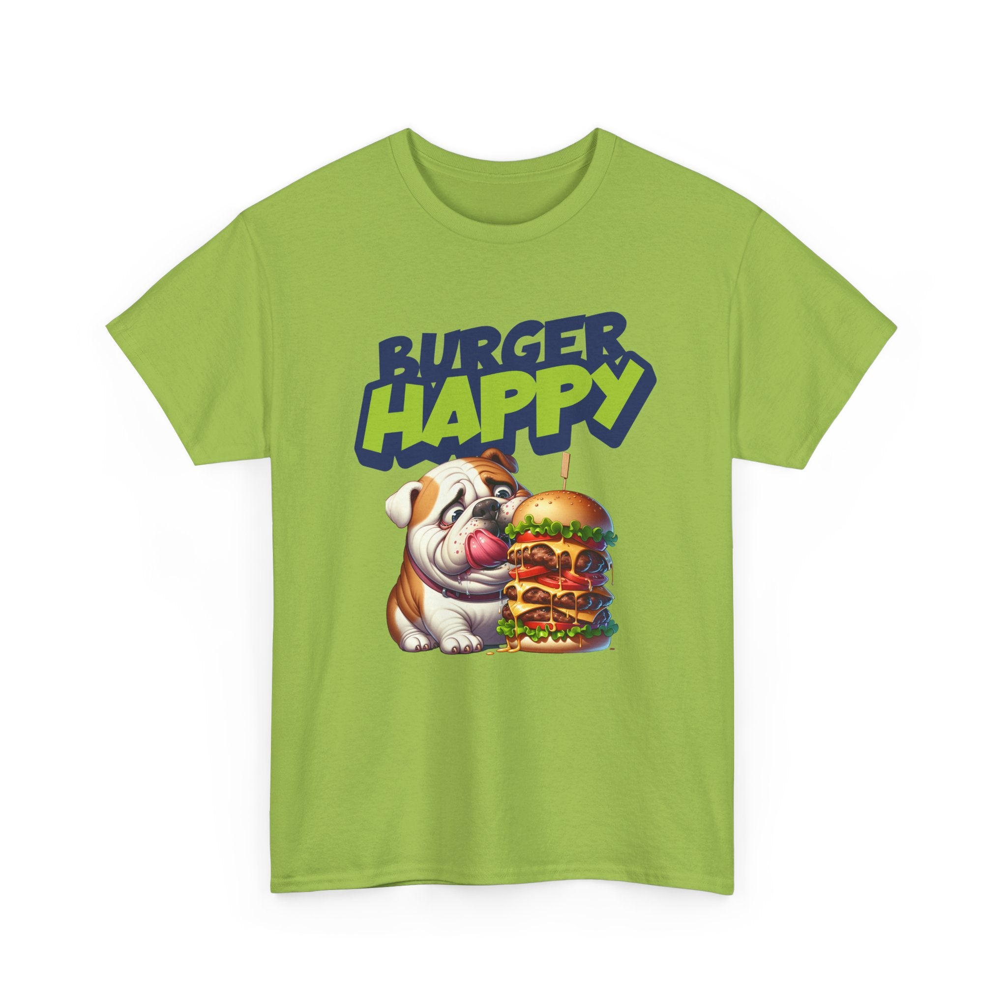 Burger Happy Bulldog T-Shirt — Cute Bulldog with Giant Burger Graphic