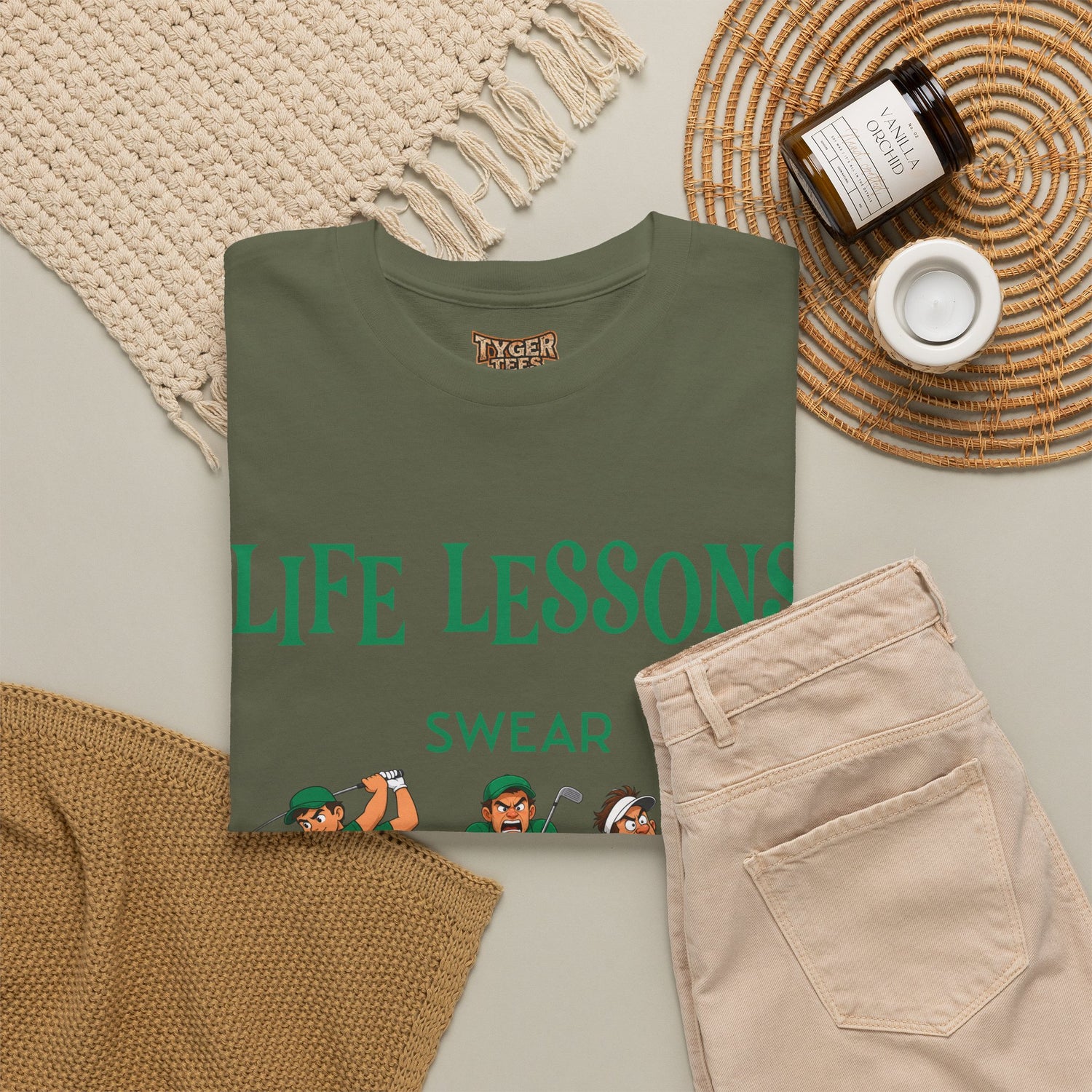 Golf T-Shirt — "Life Lessons: Swear, Swing, Throw" Funny Golfer Tee