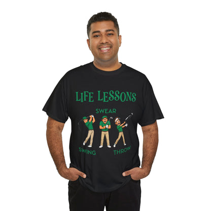 Golf T-Shirt — "Life Lessons: Swear, Swing, Throw" Funny Golfer Tee