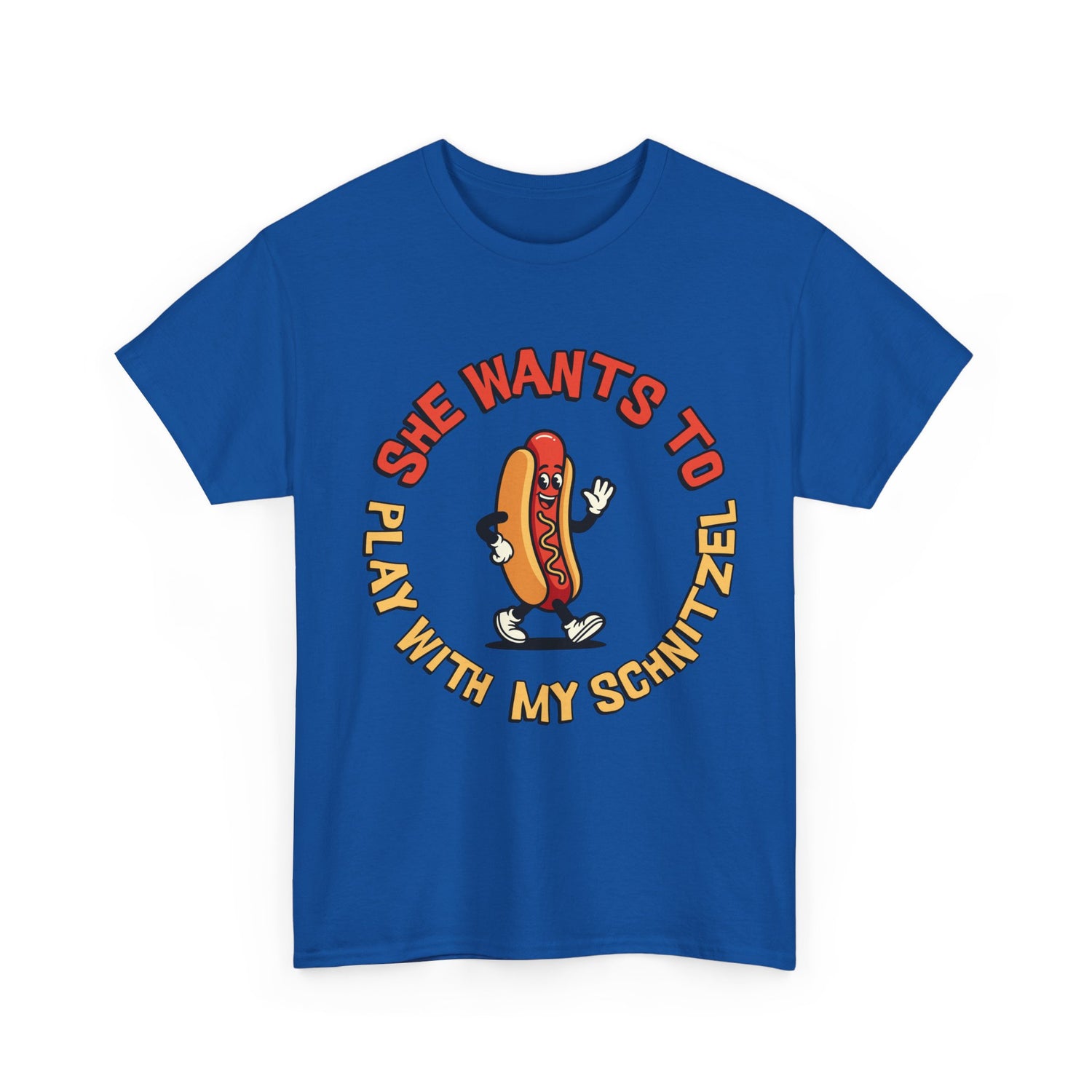 Hot Dog Graphic Tee - "She Wants To Play With My Schnitzel" Funny Retro Food Shirt