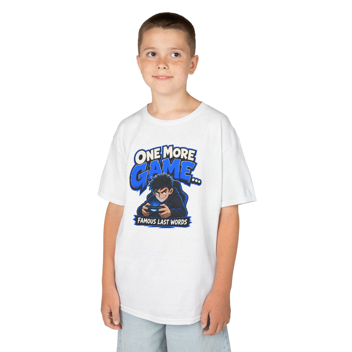 Kids Tee — "One More Game... Famous Last Words" Gaming Graphic Shirt