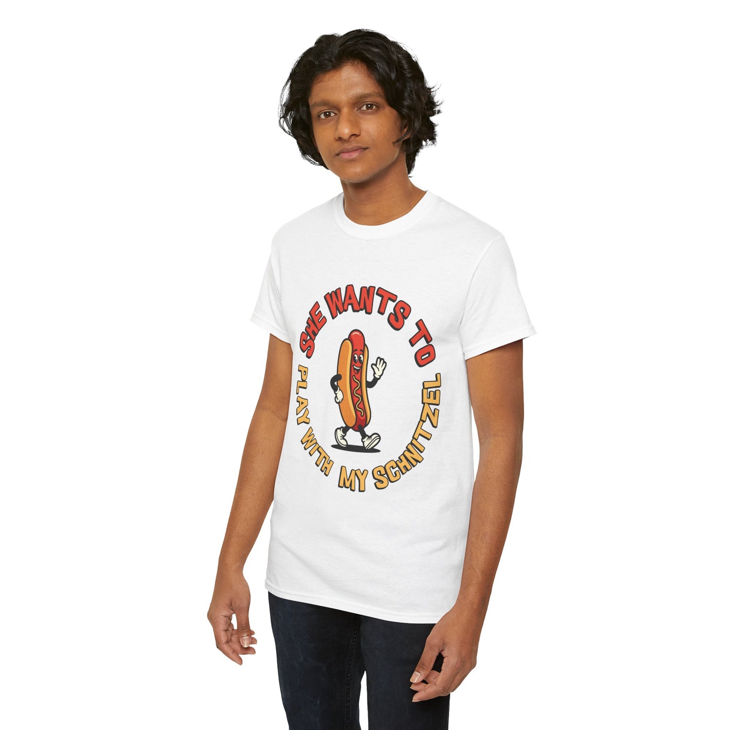 Hot Dog Graphic Tee - "She Wants To Play With My Schnitzel" Funny Retro Food Shirt