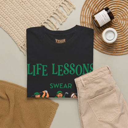 Golf T-Shirt — "Life Lessons: Swear, Swing, Throw" Funny Golfer Tee