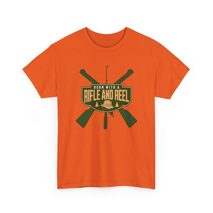 Rifle and Reel T-Shirt — "Born With a Rifle and Reel" Hunting &amp; Fishing Graphic Tee