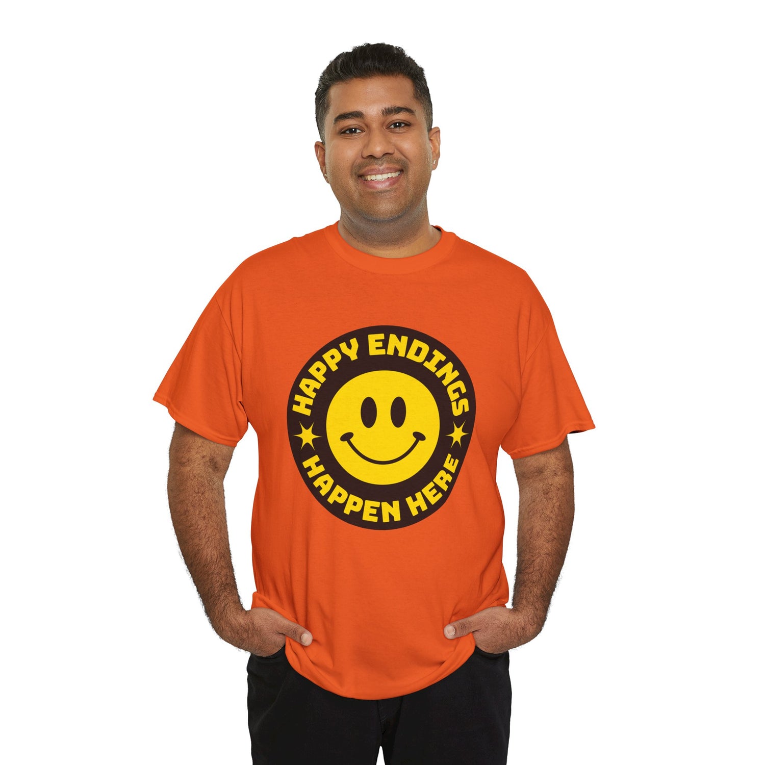 Happy Endings Happen Here – Funny Smiley Face T-Shirt