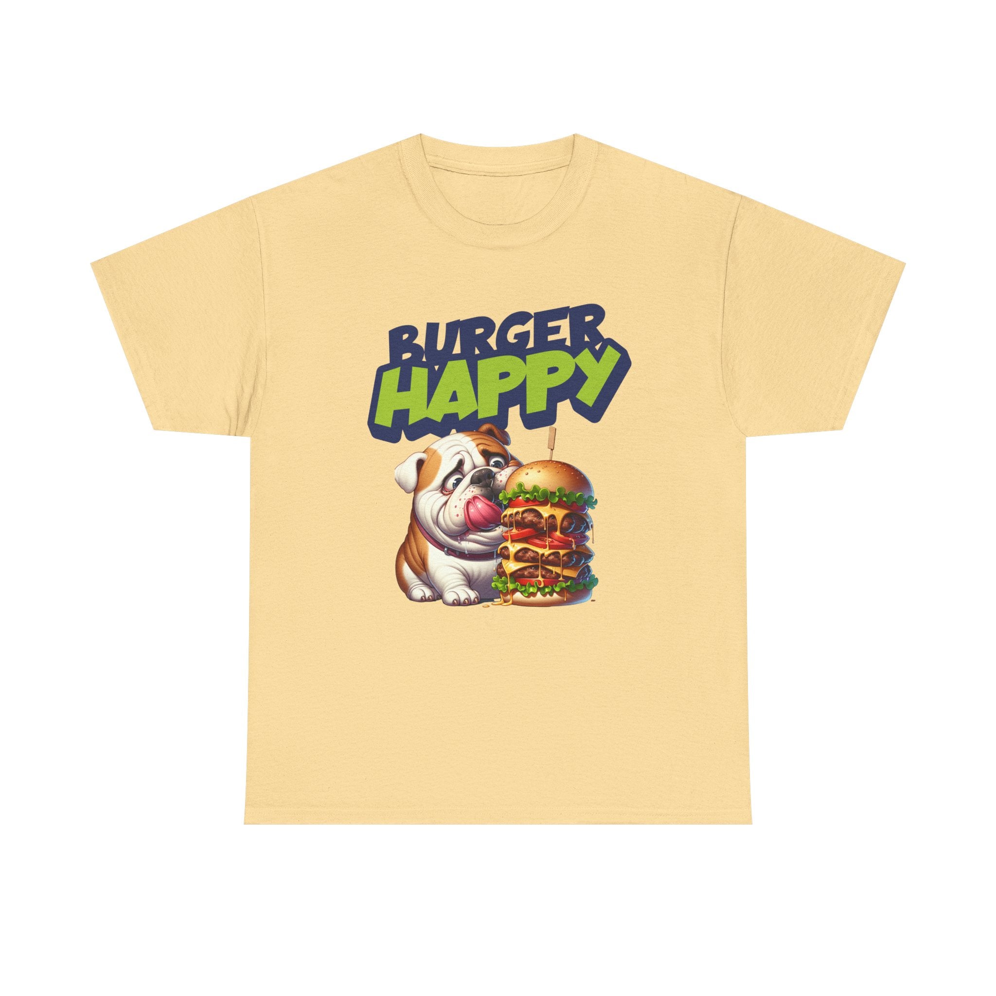 Burger Happy Bulldog T-Shirt — Cute Bulldog with Giant Burger Graphic