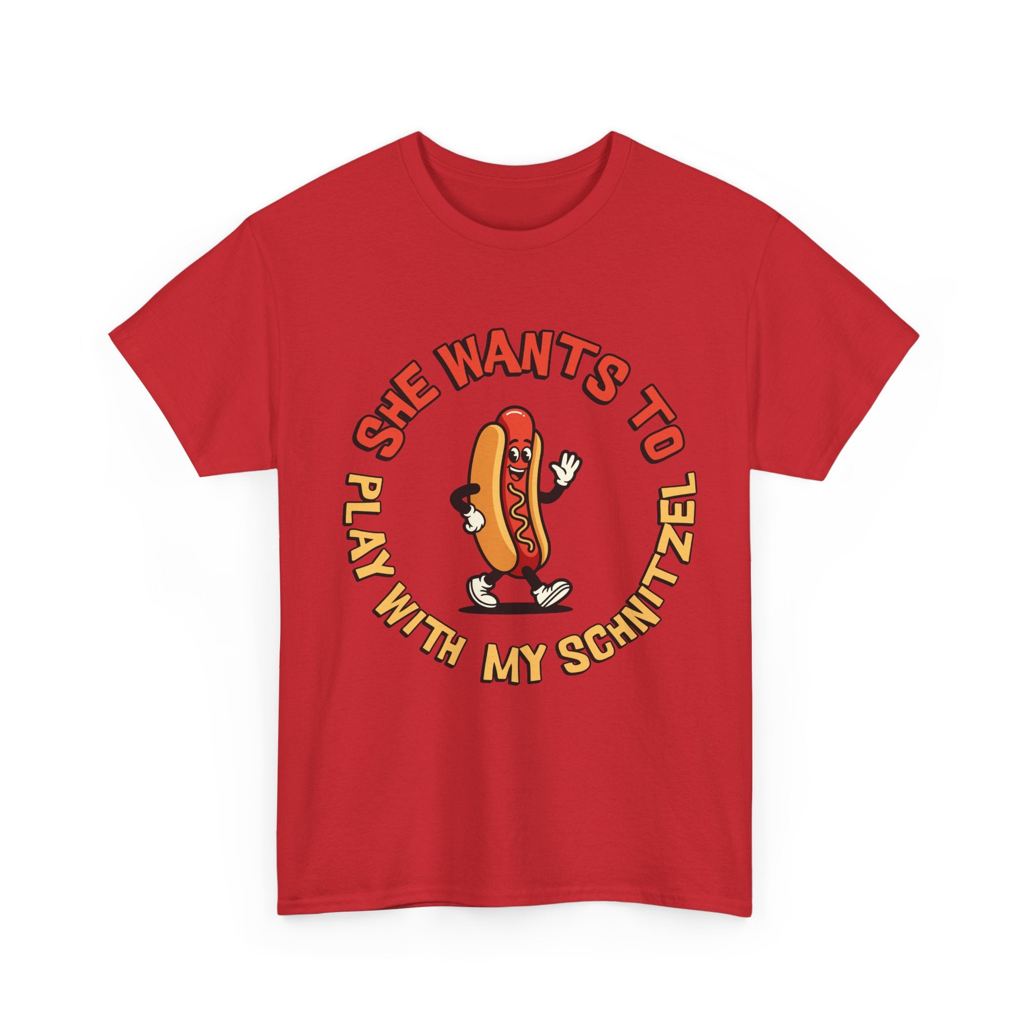 Hot Dog Graphic Tee - "She Wants To Play With My Schnitzel" Funny Retro Food Shirt