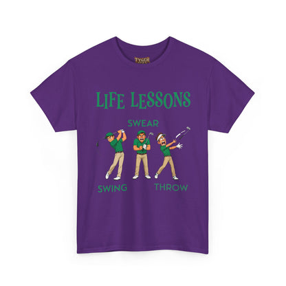 Golf T-Shirt — "Life Lessons: Swear, Swing, Throw" Funny Golfer Tee