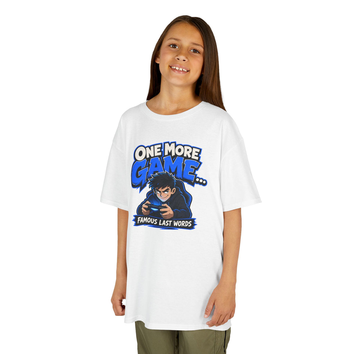 Kids Tee — "One More Game... Famous Last Words" Gaming Graphic Shirt