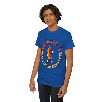 Hot Dog Graphic Tee - "She Wants To Play With My Schnitzel" Funny Retro Food Shirt