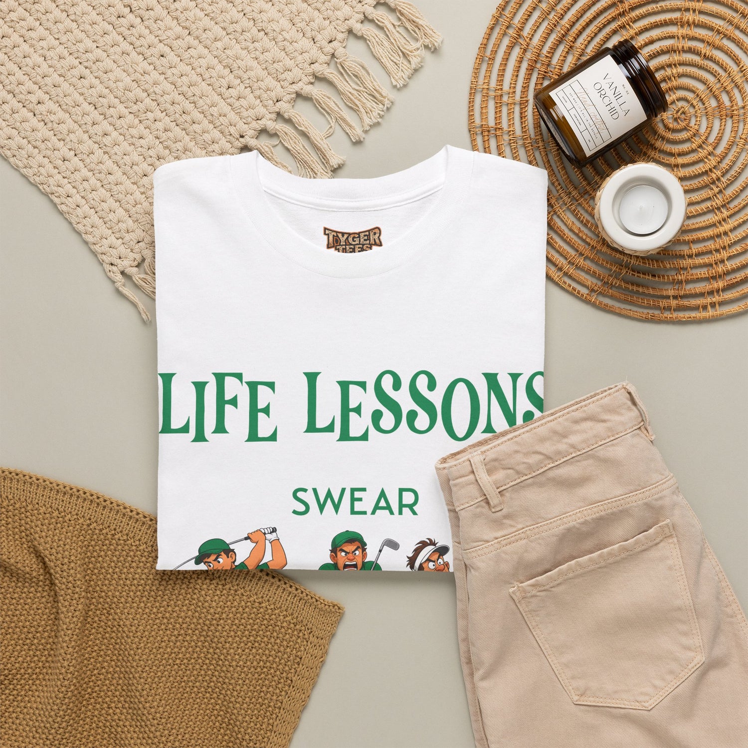 Golf T-Shirt — "Life Lessons: Swear, Swing, Throw" Funny Golfer Tee