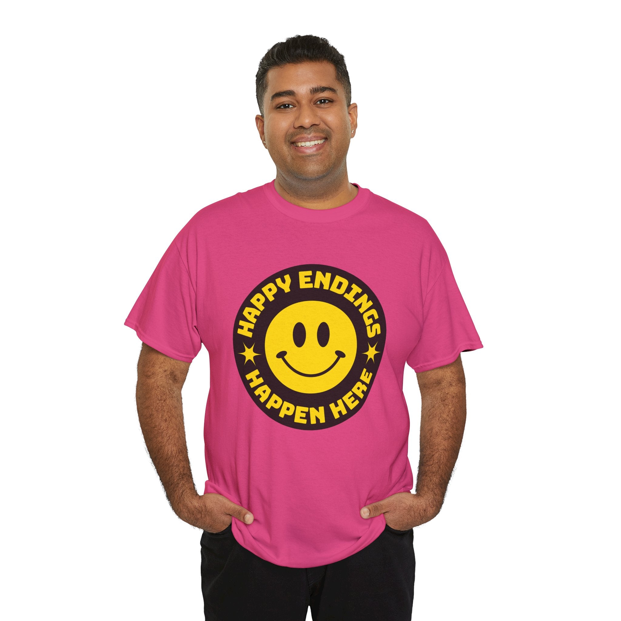 Happy Endings Happen Here – Funny Smiley Face T-Shirt