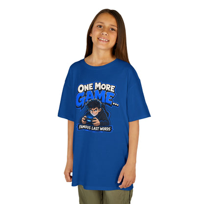 Kids Tee — "One More Game... Famous Last Words" Gaming Graphic Shirt