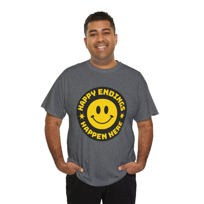 Happy Endings Happen Here – Funny Smiley Face T-Shirt