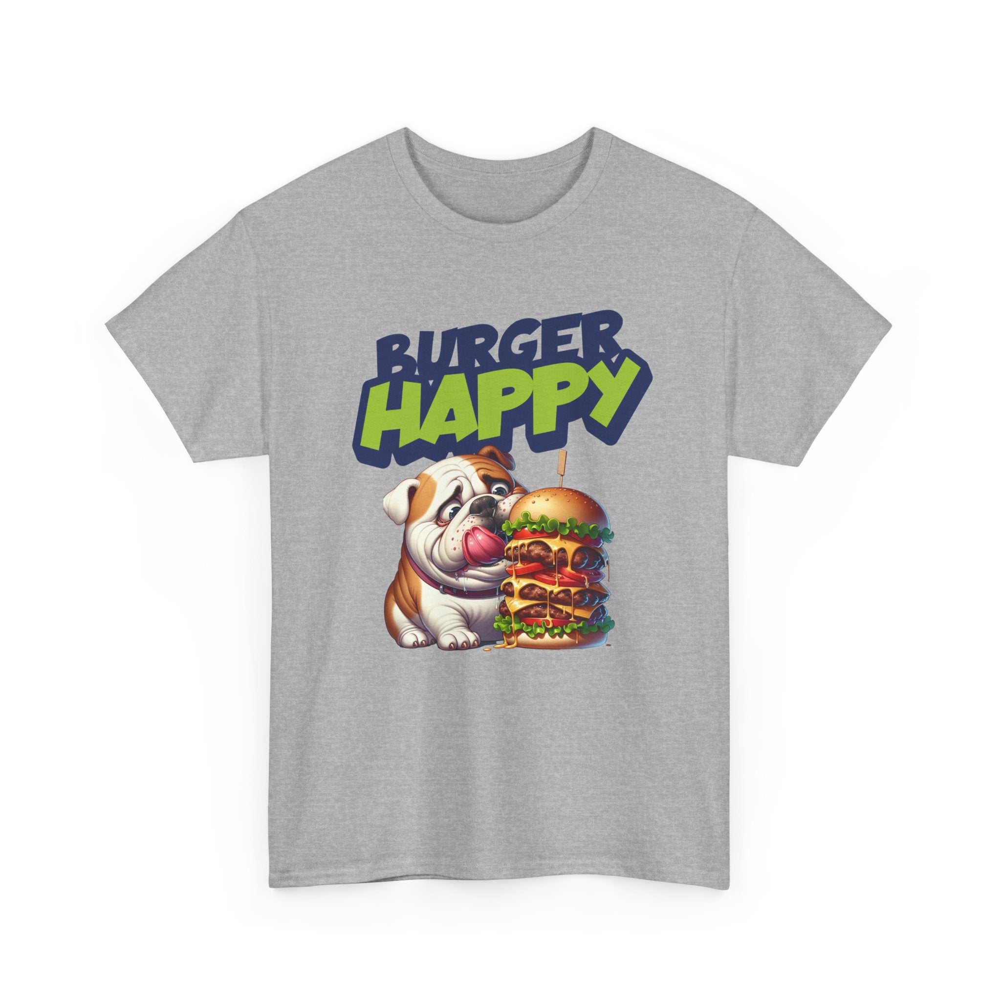 Burger Happy Bulldog T-Shirt — Cute Bulldog with Giant Burger Graphic