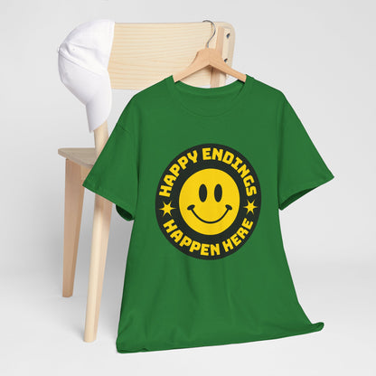Happy Endings Happen Here – Funny Smiley Face T-Shirt