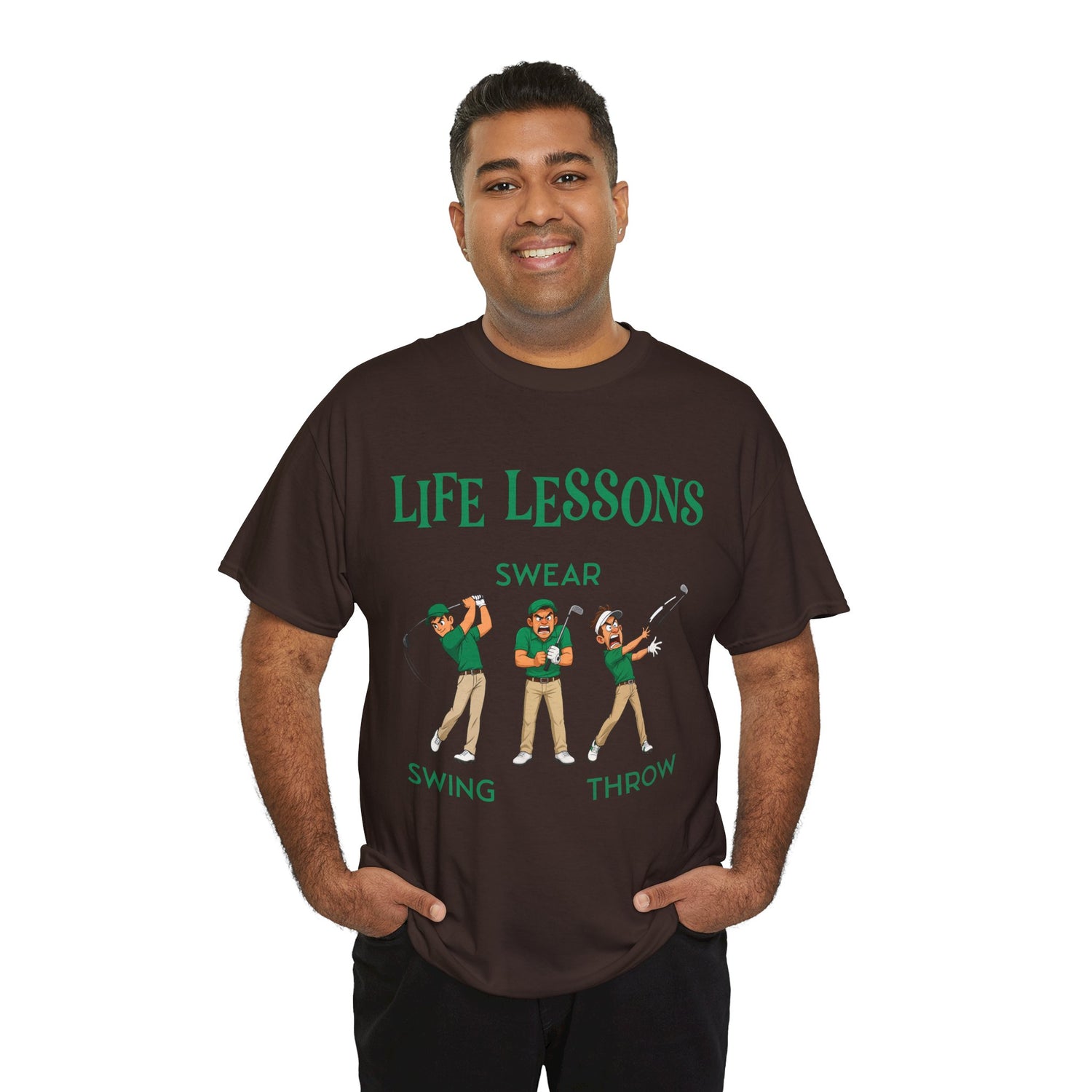 Golf T-Shirt — "Life Lessons: Swear, Swing, Throw" Funny Golfer Tee