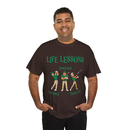 Golf T-Shirt — "Life Lessons: Swear, Swing, Throw" Funny Golfer Tee