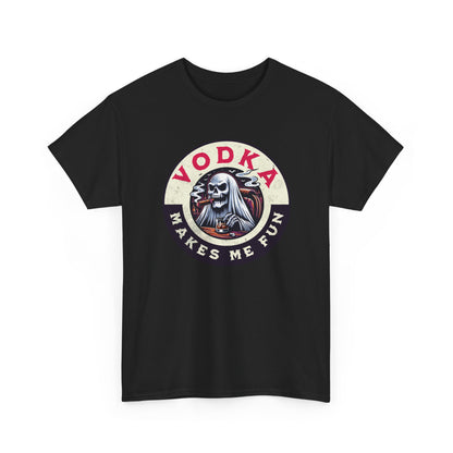 Vodka Makes Me Fun T-Shirt - Retro Skull Drinking Graphic Tee