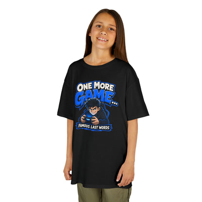 Kids Tee — "One More Game... Famous Last Words" Gaming Graphic Shirt