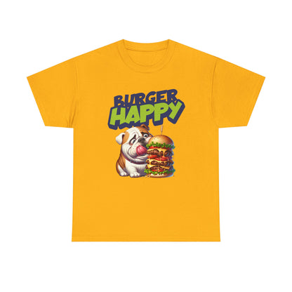 Burger Happy Bulldog T-Shirt — Cute Bulldog with Giant Burger Graphic