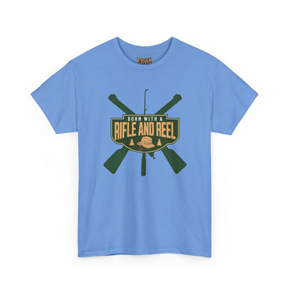 Rifle and Reel T-Shirt — "Born With a Rifle and Reel" Hunting &amp; Fishing Graphic Tee